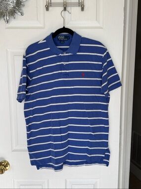 Polo by Ralph Lauren Men’s  Blue & White Striped Polo with Red Pony Sz L